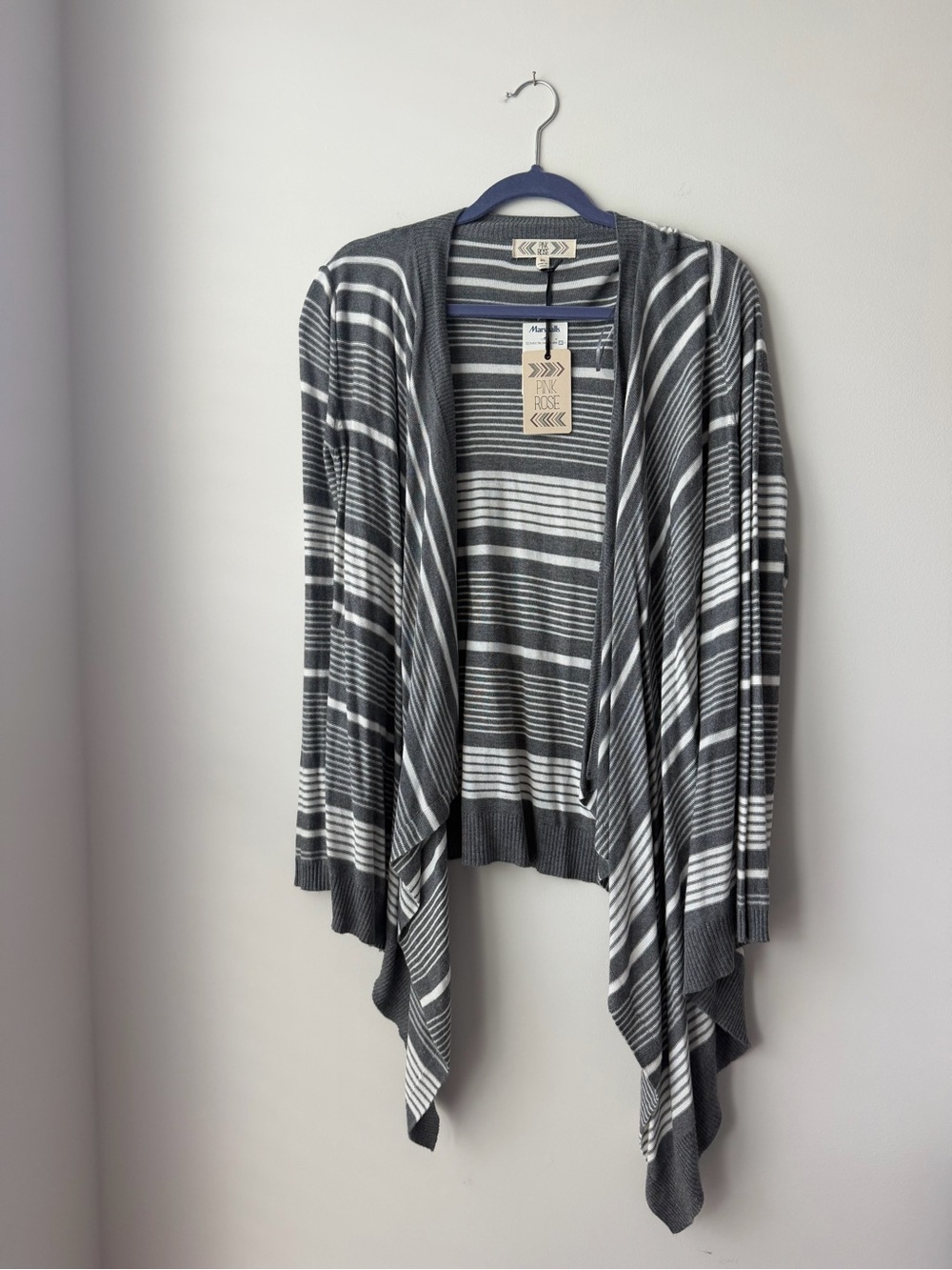 Pink Rose Gray & White Striped Draped Open-Front Cardigan